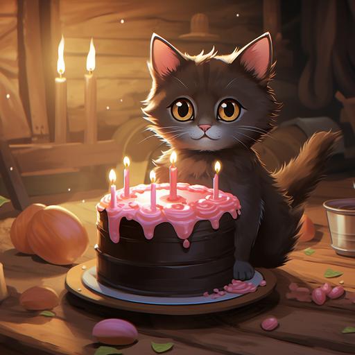barn cat holding a birthday cake, anime style