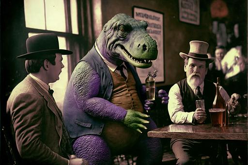 barney the purple dinosaur villian, in a bar in 1800's scottland, drinking a giant jug of beer with his purple dinosaur friends, in the style of barney the dinosaur, vintage bar photograph, decades of family ties, grown and drunk, depressed dinosaur, color photograph, kodachrome, 16mm --v 4 --ar 3:2 --q 2