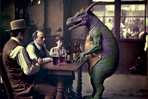 barney the purple dinosaur villian, in a bar in 1800's scottland, drinking a giant jug of beer with his purple dinosaur friends, in the style of barney the dinosaur, vintage bar photograph, decades of family ties, grown and drunk, depressed dinosaur, color photograph, kodachrome, 16mm --v 4 --ar 3:2 --q 2