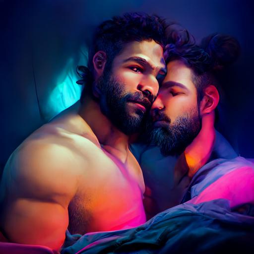 baroque, photo-realistic, a couple, gay men, muscle, face, stubble beard, 30-year-old, love, full body, chest, touching face, kissing, cuddling in bed, night, cozy, neon light, big room, big window, cityscape at night, 14k