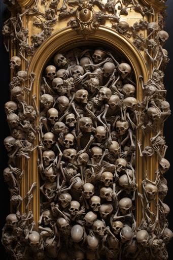baroque style, a wall with 7 human skeletons intertwined made completely out of white Scagliola with black and gold details and framing, 4k, photo --ar 2:3