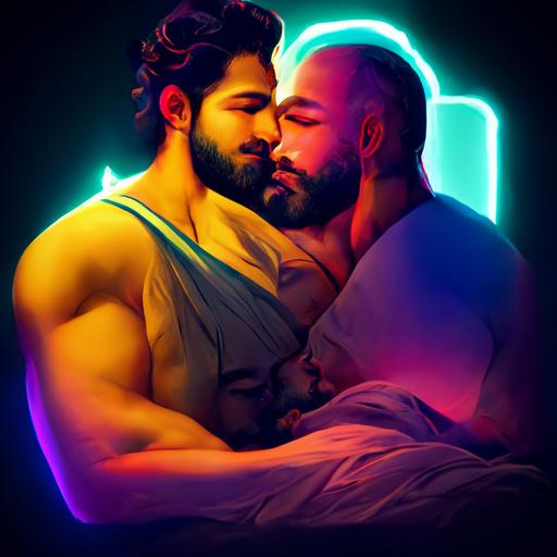 baroque style, zeus, eros, couple, gay men, muscle, full body, chest, handsome, face, stubble beard, short hair, 30-year-old, touching face, kissing, cuddling in bed, night, cozy, neon light, big room, big window, cityscape at night, 14k
