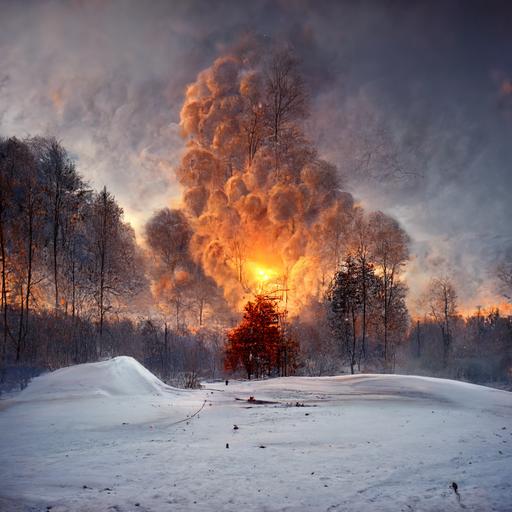 baseball on fire, at sunset, in a forest, with snow, high octane render,