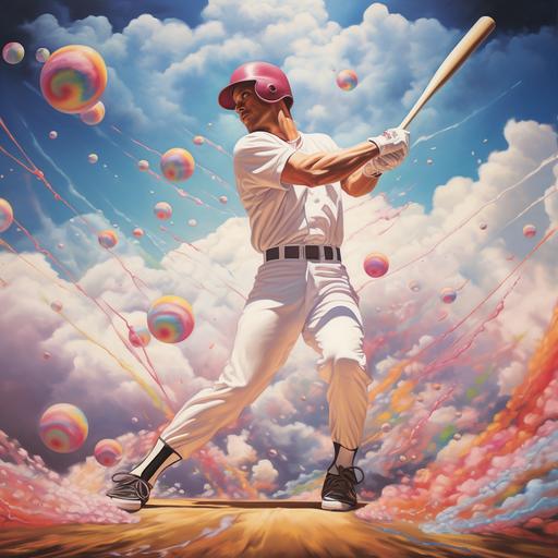 baseball poster with player hitting a ball, cotton candy, images of a ball park