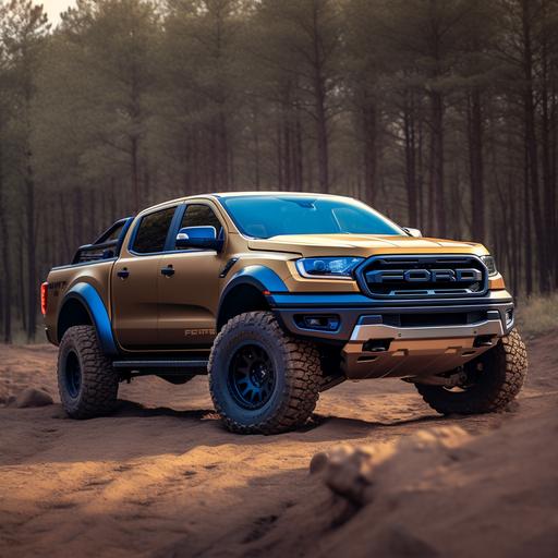 based on this picture  , replace the front and rear fenders with the Ford Ranger Raptor fenders, replace the wheels with stock Ford Ranger Raptor wheels, keep the front the same except replace the radiator front grill with the Ford Ranger raptor stock grill.