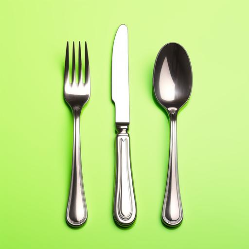 basic fork spoon and knife, even lighting, neon green background --no shadows