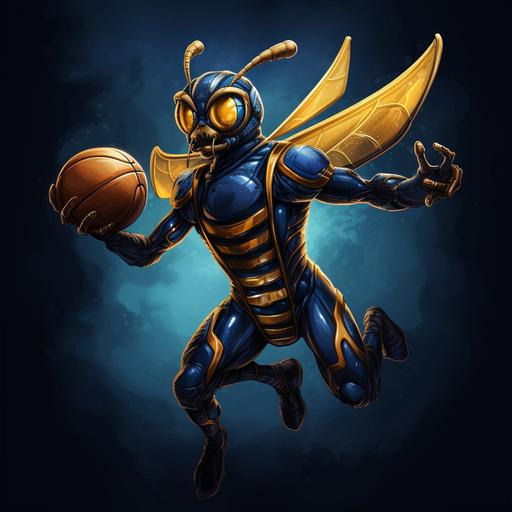 basketball at the side of a hornet dressed in royal blue and gold basketball jersey shoting a free throw