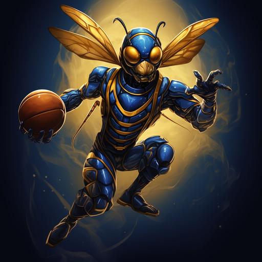 basketball at the side of a hornet dressed in royal blue and gold basketball jersey shoting a free throw