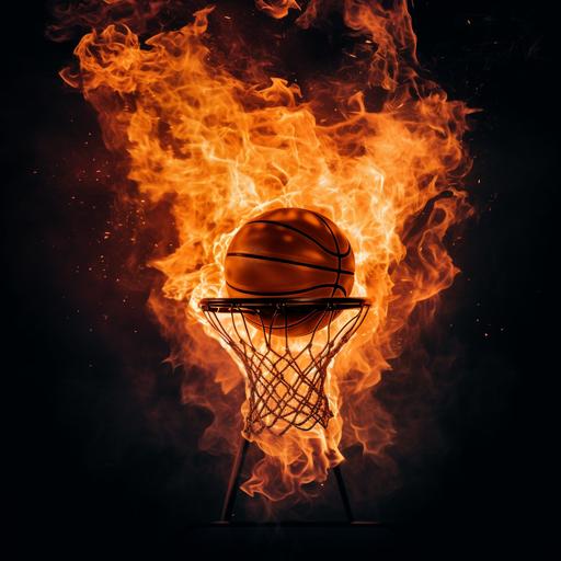 basketball on fire towards basketball hoop