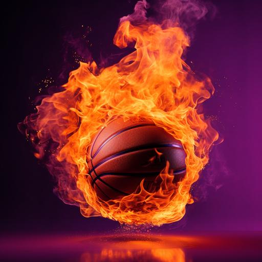 basketball on fire towards basketball hoop purple and orange
