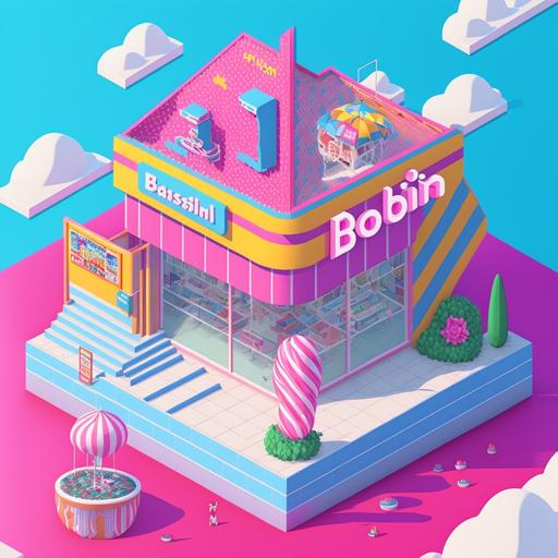 baskin robbins ice cream shop ad, 3D, 32-bit isometric, plasticine, glitch art, 80s geometric, Memphis design, geometric, 90s nickelodeon, vaporwave --v 4