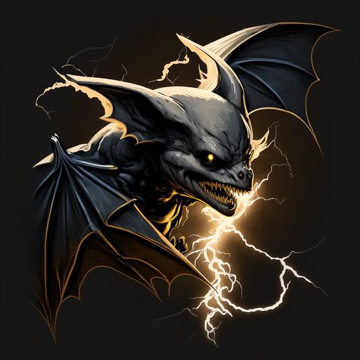 bat logo, vampire muscular bat, holding a lighting bolt, side profile, ultra realism, 8k, vectorized artwork