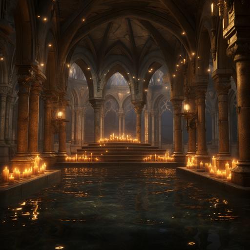 bathhouse, fantasy, medieval. Golden lights. Candles.