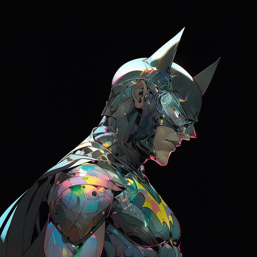 batman, anime boy, black background, hyper detailed, colorful reflective mask, transparent iridescent latex--ar 2:3 --niji 5 --s 250 --style expressive