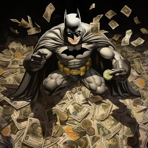 batman doing a money spread, holding dollar bills, fish eye camera lens