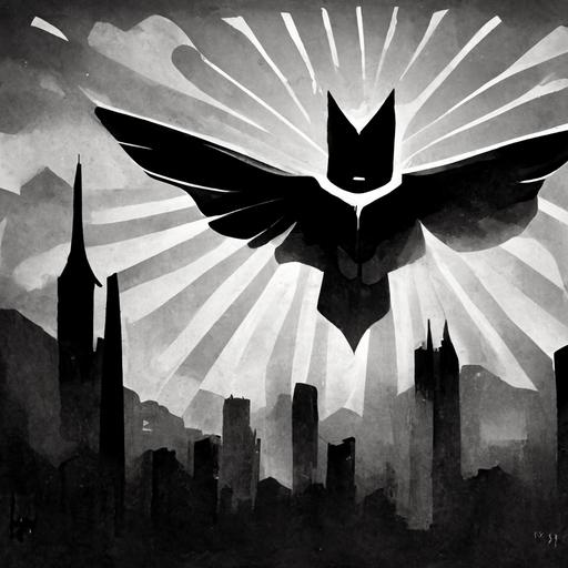 batman in heroic pose, batman noir, gotham city in background, batman logo spotlight in the sky  --uplight