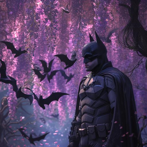 batman, wisteria, flowers, peace, DC, bats, 4k, cinematic, --v 6.0