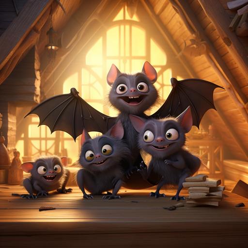 bats in a cartoon pixar style in a house on a mat