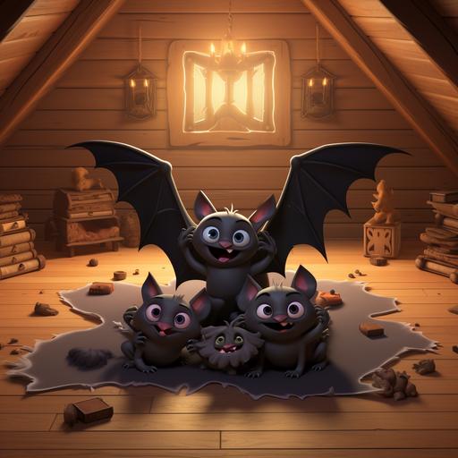 bats in a cartoon pixar style in a house on a mat on the floor