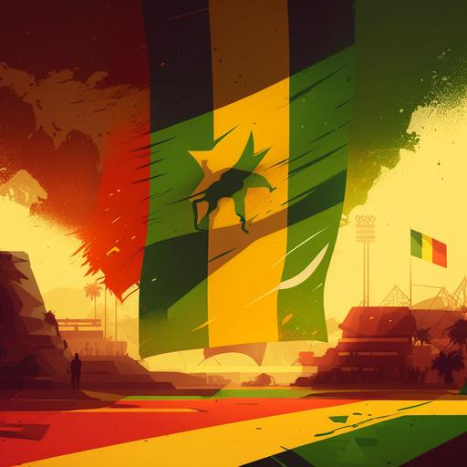 make me a thumbnail for minnature talk about soccer a flag of Senegal (green, yellow, red), and a stadium. size 1280x720