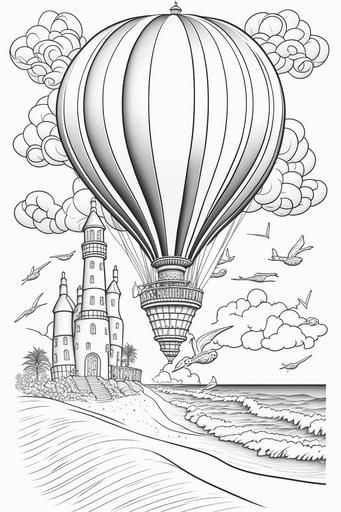 beach, Hot air balloon, white background, cartoon anime style, style of the coloring book, colorful details, vector lines, black and white --ar 2:3 --v 4 --s 300