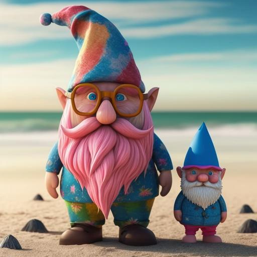 beach background, adorable 3d animation pixar style large beach gnome standing on the beach with his full size gnome buddy, both have ultra realistic hands and feet, both wearing tie dye sandals, both wearing big round neon pink sunglasses and tie dye slouchy hats, 8k, vibrant, creative realism