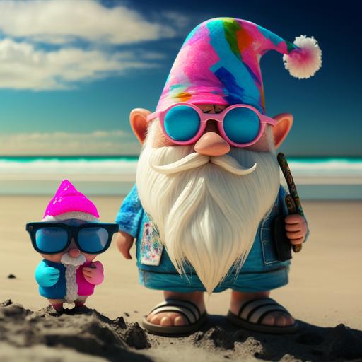 beach background, adorable pixar style large gnome standing on the beach with his gnome buddy, ultra realistic hands and feet, wearing tie dye sandals, big round neon pink sunglasses and tie dye slouchy hat, 8k, vibrant, creative realism