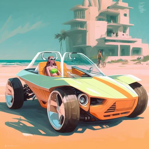beach buggy concept car by Syd Mead, electric city car, concept art, futuristic, vintage, minimalistic design, compact city car, round shapes, smooth shapes, modern design, gen z, minimalistic, car design, happy car, surf style, surfboard on roof, France, French