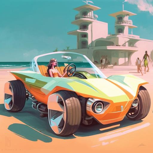 beach buggy concept car by Syd Mead, electric city car, concept art, futuristic, vintage, minimalistic design, compact city car, round shapes, smooth shapes, modern design, gen z, minimalistic, car design, happy car, surf style, surfboard on roof, France, French