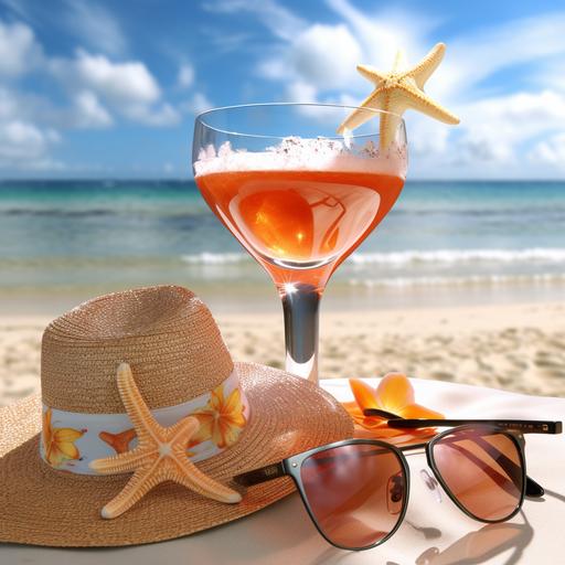 beach life, hat, sunglasses, sandels, blended drink, starfish, beach in background, sunny day, photo ultra realistic, --v 5