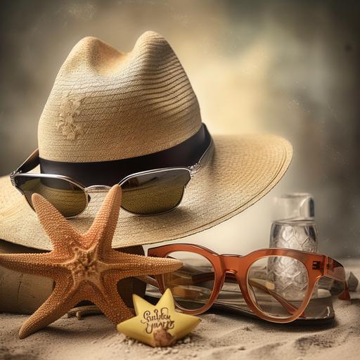 beach life, hat, sunglasses, sandels, margarita, starfish, photo ultra realistic, --v 5