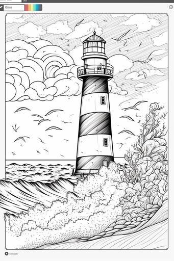 beach, lighthouse, white background, cartoon anime style, style of the coloring book, colorful details, vector lines, black and white --ar 2:3 --v 4 --s 300