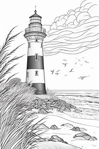 beach, lighthouse, white background, cartoon anime style, style of the coloring book, colorful details, vector lines, black and white --ar 2:3 --v 4 --s 300