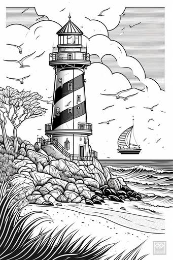 beach, lighthouse, white background, cartoon anime style, style of the coloring book, colorful details, vector lines, black and white --ar 2:3 --v 4 --s 300