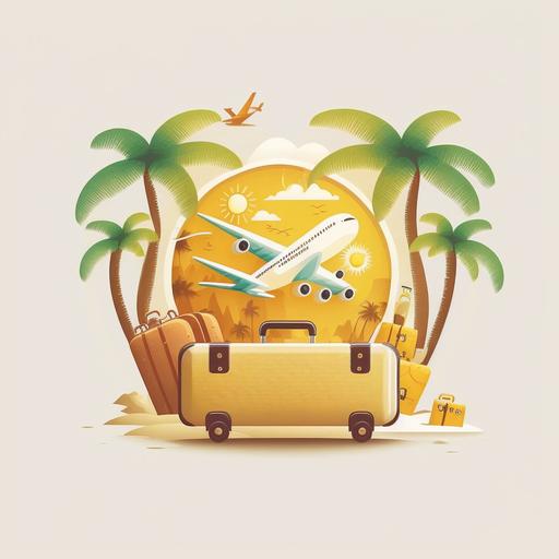beach, palm trees, suitcase, plane, taxi, cartoon, simple logo, white background