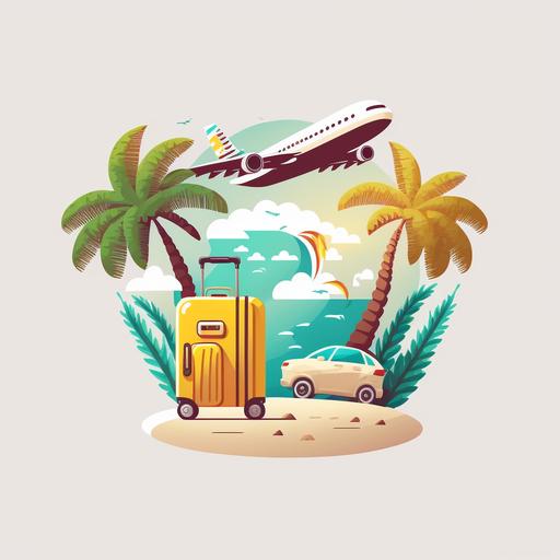 beach, palm trees, suitcase, plane, taxi, cartoon, simple logo, white background