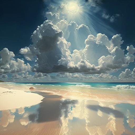 beach, sun, crystalline waters, white clouds