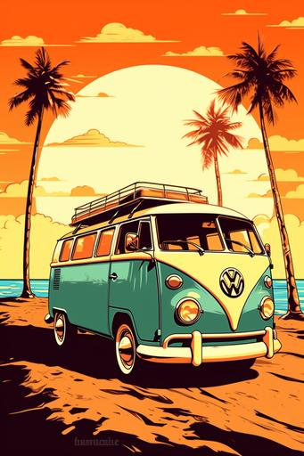 beach, surf, summer, vintage car themed 2 color vector illustration --ar 2:3