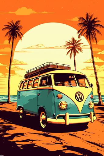 beach, surf, summer, vintage car themed 2 color vector illustration --ar 2:3