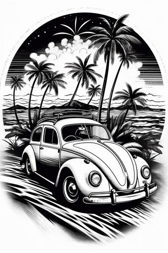 beach, surf, summer, vintage car themed black and white vector illustration --ar 2:3