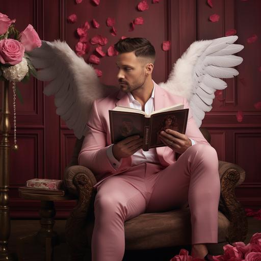 ted baker meets man reading a book wearing a cupid costume