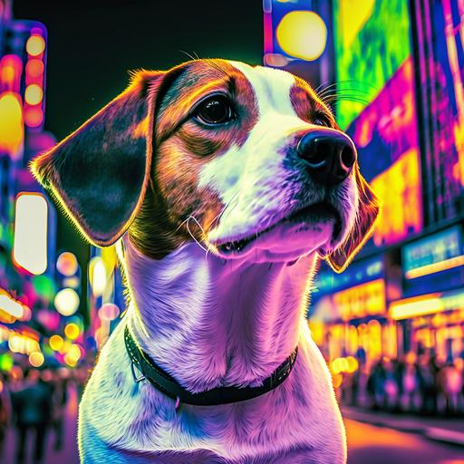 beagle jack russell mix with blong american teenage boy, Shibuya Crossing, adventures, joyful, vivid colors, detailed background, neon lights