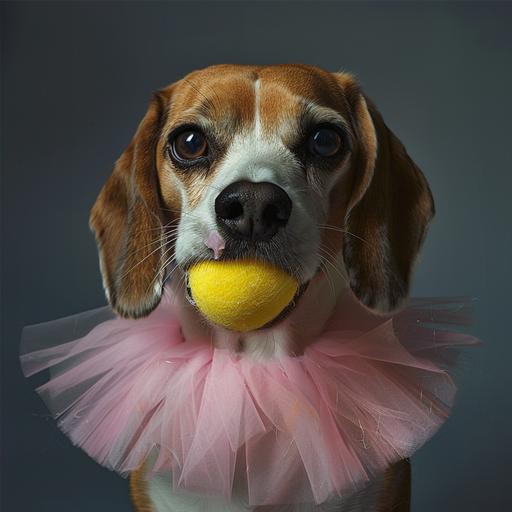 beagle with a tutu on holding a yellow ball in its mouth