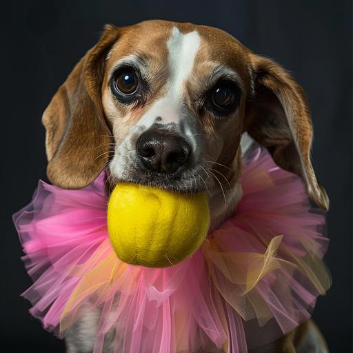 beagle with a tutu on holding a yellow ball in its mouth