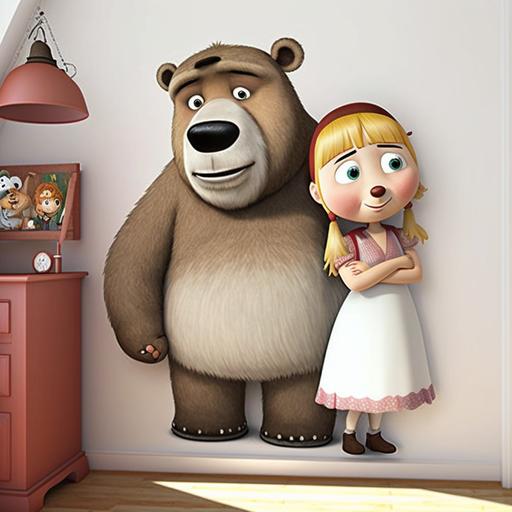 bear and masha, pixar style, cartoon, funny, cuete, Vinyl Wall Sticker, modern style of all color, wallpaper, white background --q 1