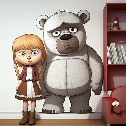 bear and masha, pixar style, cartoon, funny, cuete, Vinyl Wall Sticker, modern style of all color, wallpaper, white background --q 1