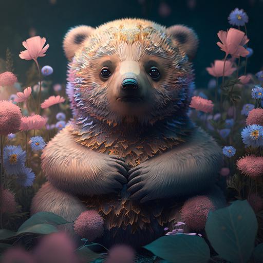 Fluffy bear cub with big round eyes and rosy cheeks ::5 Sitting in a bed of colorful flowers ::4 Honey pot and bee friends buzzing around ::3 Pastel color palette with shades of pink and blue ::2 --s 250