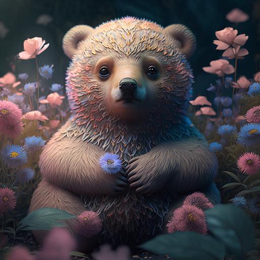 Fluffy bear cub with big round eyes and rosy cheeks ::5 Sitting in a bed of colorful flowers ::4 Honey pot and bee friends buzzing around ::3 Pastel color palette with shades of pink and blue ::2 --s 250