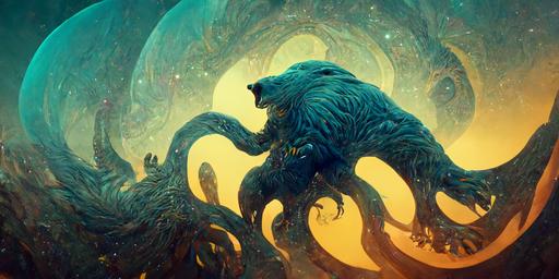 bear eagle spirit xenomorph, mystic symbols, elaborate details, action character, Into the Spider-Verse marvel character influence, Wikanda, Alphonse Mucha style reference,  spiral galaxy, infinity stones, yellow light blue colors, unreal render engine, unreal toon shader, dark bold line --stylize 12000 --ar 8:4