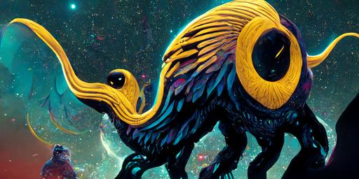bear eagle spirit xenomorph, mystic symbols, elaborate details, action character, Into the Spider-Verse marvel character influence, Wikanda, Alphonse Mucha style reference, spiral galaxy, infinity stones, yellow light blue colors, unreal render engine, unreal toon shader, dark bold line --stylize 12000 --ar 8:4